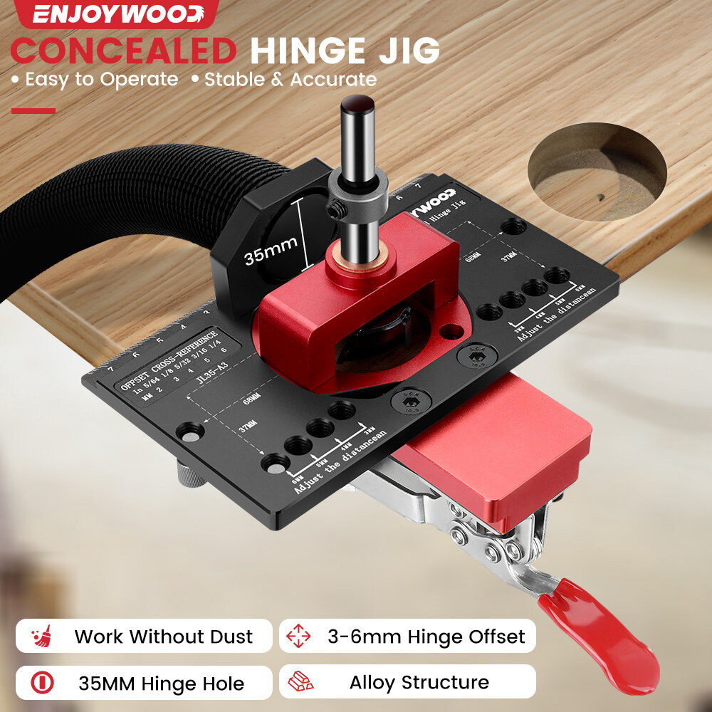 ENJOYWOOD Concealed Hinge Jig Standard Size Enduring Accurate Aluminum Alloy Quick Clip Hinge Hole Drilling Jig Woodworking Door Cabinet Hinges Installation Tool