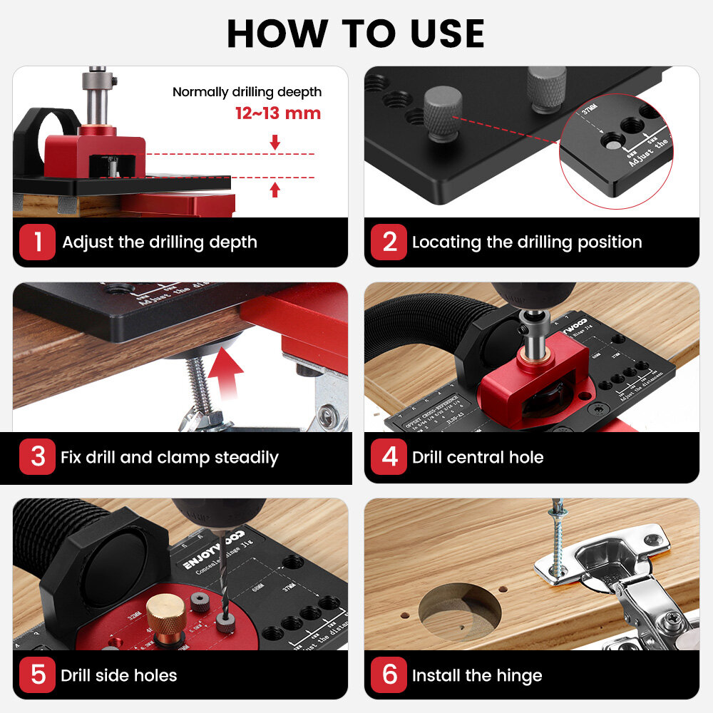 ENJOYWOOD Concealed Hinge Jig Standard Size Enduring Accurate Aluminum Alloy Quick Clip Hinge Hole Drilling Jig Woodworking Door Cabinet Hinges Installation Tool