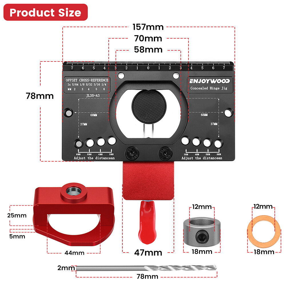 ENJOYWOOD Concealed Hinge Jig Standard Size Enduring Accurate Aluminum Alloy Quick Clip Hinge Hole Drilling Jig Woodworking Door Cabinet Hinges Installation Tool