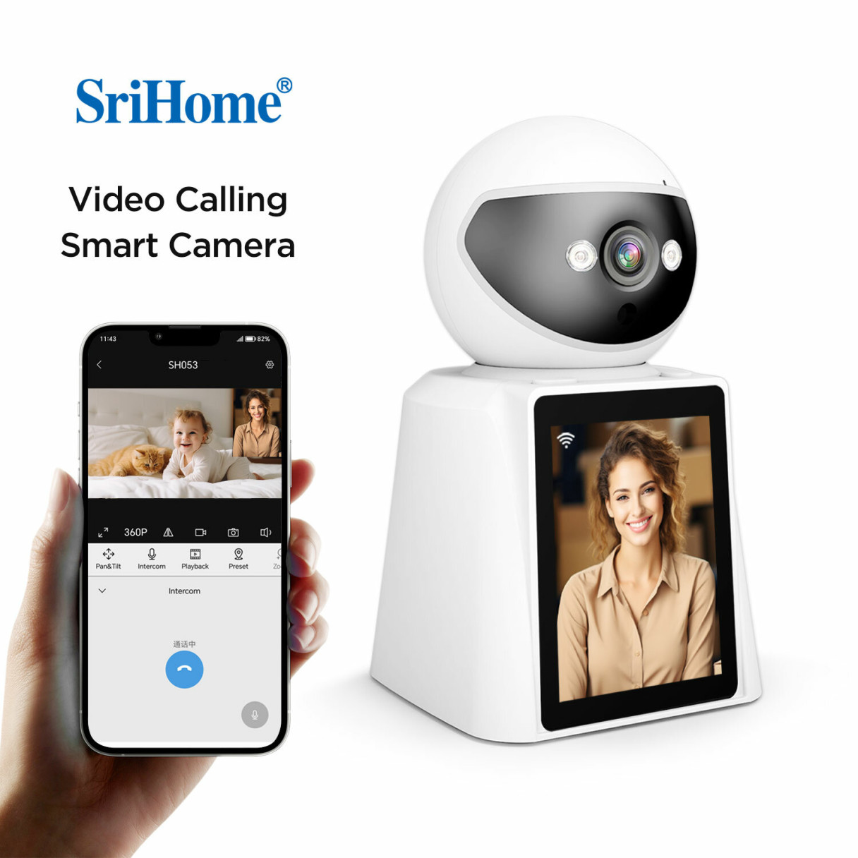 Srihome SH053 2MP 1080P WiFi PTZ IP Dome Camera Wireless AI Humanoid Auto Tracking Video Intercom Home Security CCTV Baby Monitor EU Standard