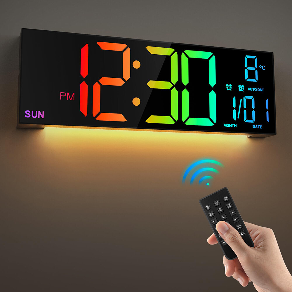 16 Inch Large LED Digital Wall Clock With Remote Control Dymamic RGB Display Automatic Brightness Date Temperature Night Light Gym Clock Suitable For Living Room Bedroom Office Wall Decoration