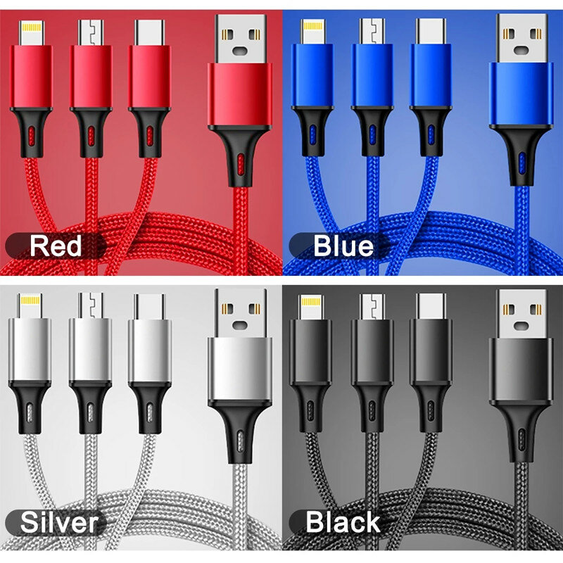 2A USB-A to Type-C/Micro/iP Cable Fast Charging Nylon Braided Core Line 1.2M Long for iPhone14 Pro for Huawei P50 for ViVo Y70s for Xiaomi Mi13