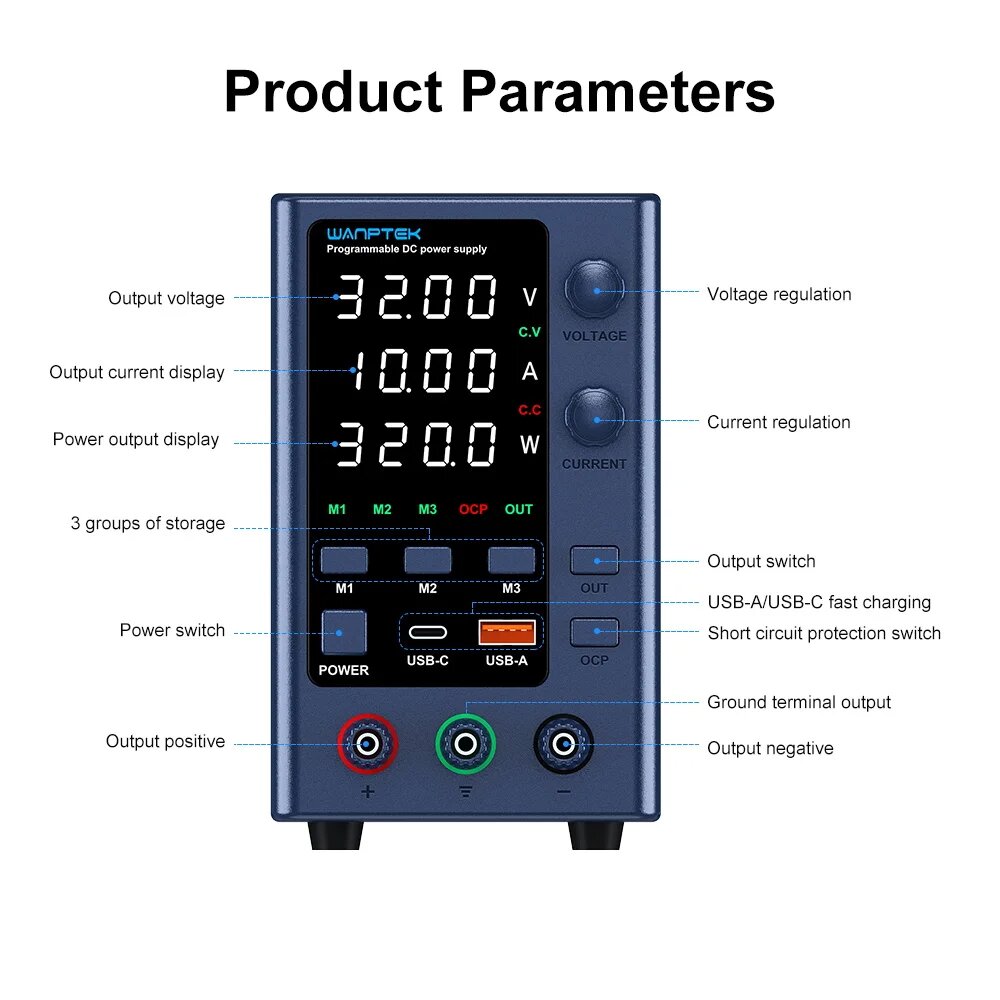 WANPTEK Regulated Power Supply with 0-160V Voltage 0-10A Current Multi-Function Protection Superior Stability Digital Display ideal for Diverse Electronics Application EPS3205/EPS3210/EPS6205/EPS1203/EPS1602