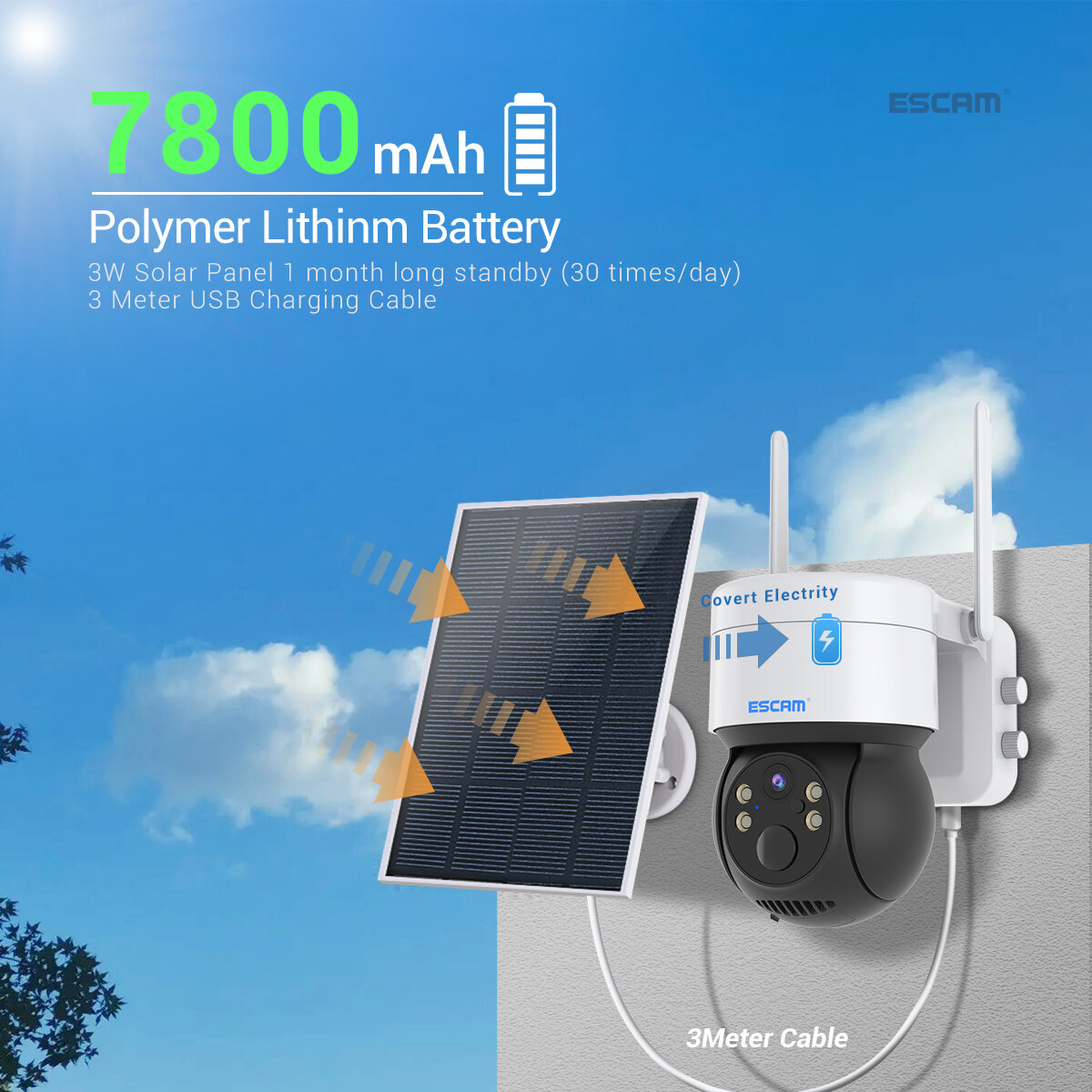 ESCAM QF170 2MP PTZ WIFI IP Camera Solar Panel Battery PIR Alarm Full Color Night Vision Two Way Audio IP66 Cloud Storage