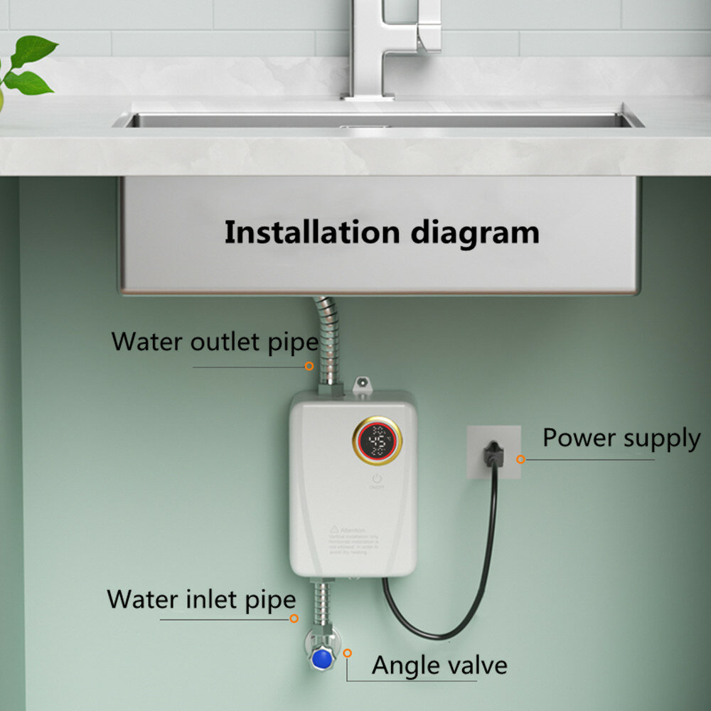 Instant Water Heater 220V 3500W Mini Electric Tankless Hot Water Heater Bathroom Kitchen Washing LCD Display for Shower Bathroom