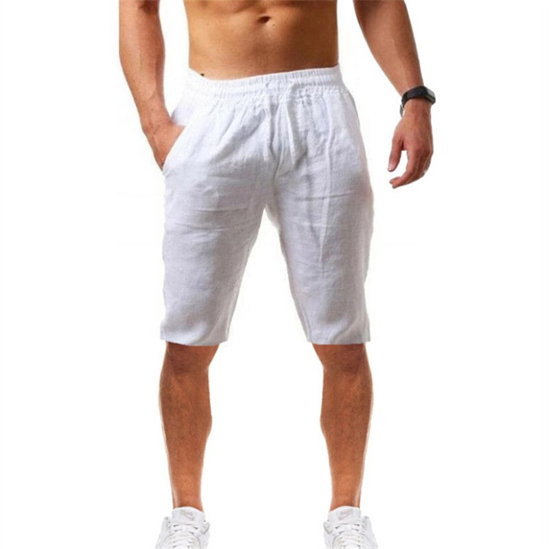 Mens Shorts Quick Dry Cotton Linen Shorts Summer Breathable Stripe Gym Running Pocket Cargo Short Trousers Casual Beach Five-point Pants Male