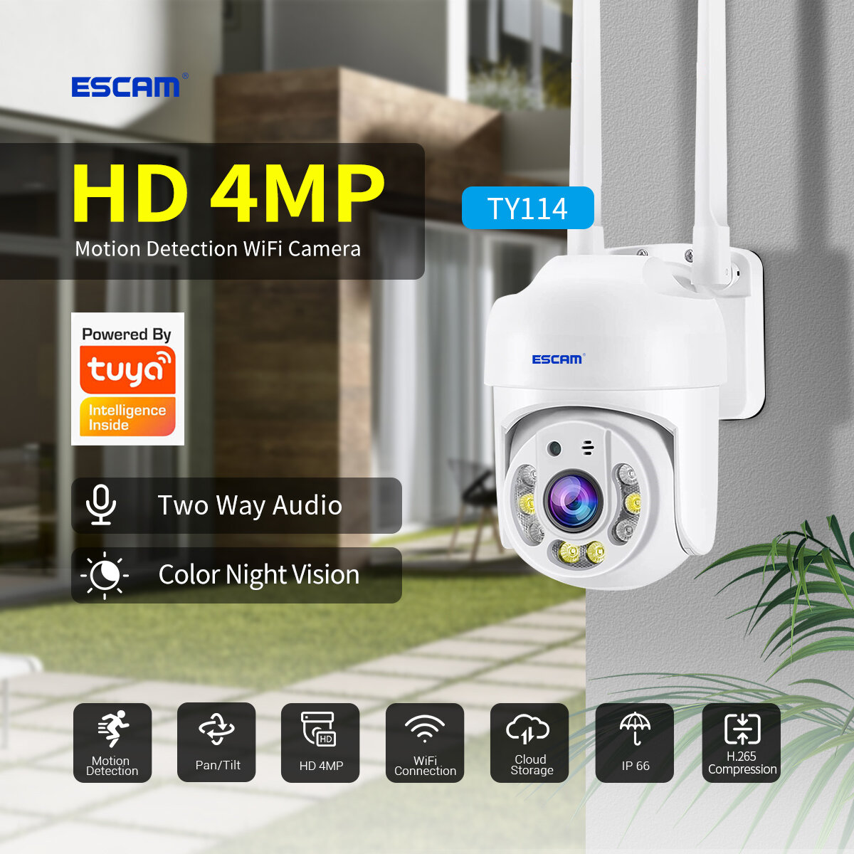 ESCAM TY114 4MP 1440P WiFi IP Camera Tuya Full Color Wireless PTZ IP Dome Camera AI Humanoid Home Security Monitor IP66 Waterproof