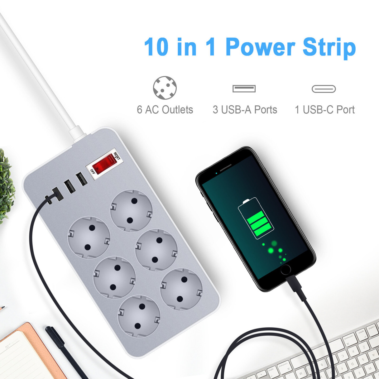 220V 10A 2200W Power Strip 1.2m Extension Cable Adapter with 6 EU Plug 3 USB Port Type-C for Phone Tablet Computer European Standard