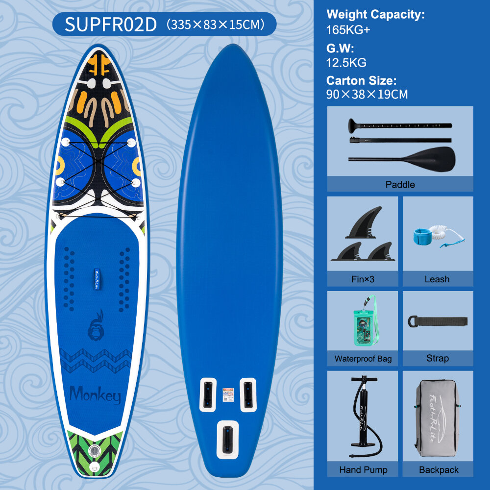 [EU Direct] FunWater 335cm Large Size Inflatable Stand Up Paddle Board Surfboard Complete Paddleboard Accessories Adjustable Paddle, Pump, ISUP Travel Backpack, Leash, Waterproof Bag, Adult Paddle Board FUNWATER, SUPFR02D SUPFR01D