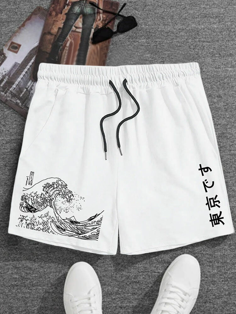 ChArmkpR Mens Japanese Wave Ukiyoe Print Drawstring Waist Shorts