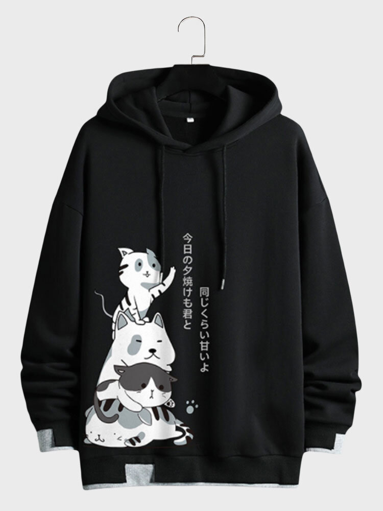 ChArmkpR Mens Hooded Sweatshirts Japanese Cat Print Contrast Patchwork Drawstring Hoodies