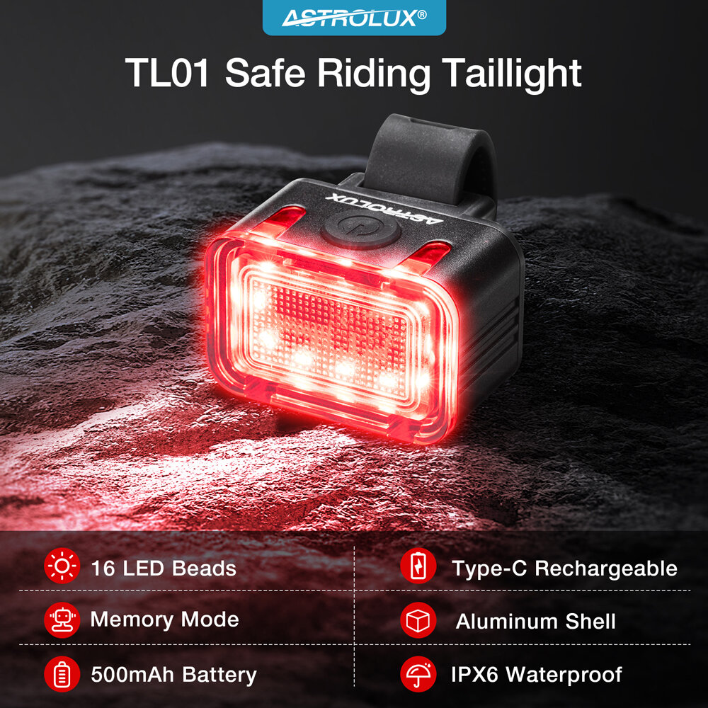 Astrolux® TL01 Bike Taillight 500mAh Battery 6 Light Modes USB-C Rechargeable IPX6 Waterproof Wear-resistant Aluminum Shell Bicycle Rear Light for Night Cycling