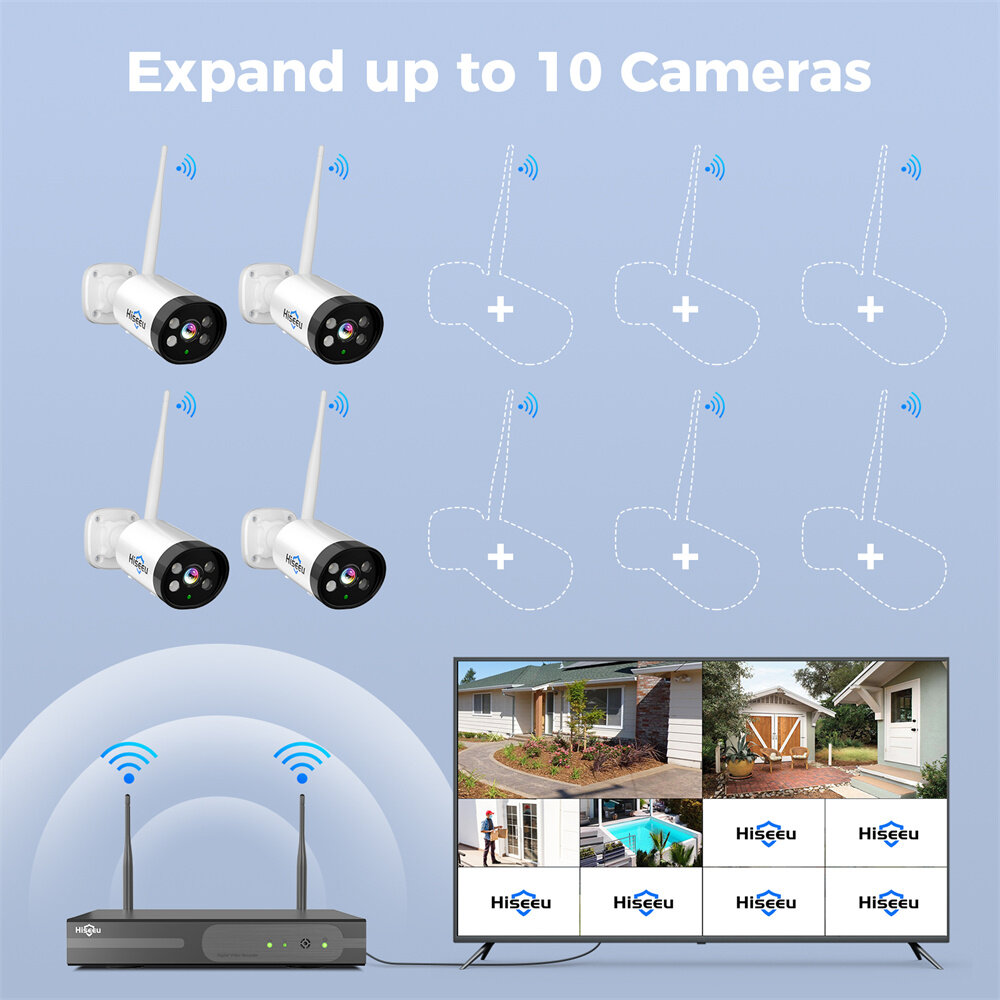 Hiseeu WK-4HBF03 3MP WIFI IP Camera 4 Cameras Security System IP66 Waterproof Night Vision Motion Detection Two-Way Audio Eseecloud App Remote Access Wireless NVR