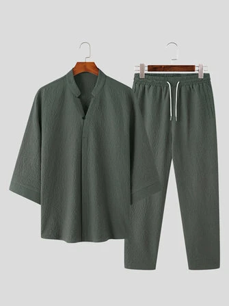 INCERUN Mens Sets 3/4 Short Sleeve Shirt & Pants Two Pieces Set Loose Daily Men's Casual Suits