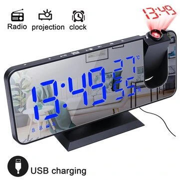 LED Mirror Alarm Clock Big Screen Temperature and Humidity Display with Radio and Time Projection Function Electronic Clock Rechargeable