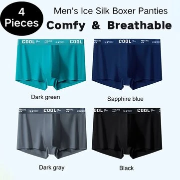 4Pcs Men's Underwear Thin Boxer Briefs Ice Silk Boxer Panties Set Mens Underpants Comfy Breathable Antibacterial Elastic Briefs Plus Size L-5XL