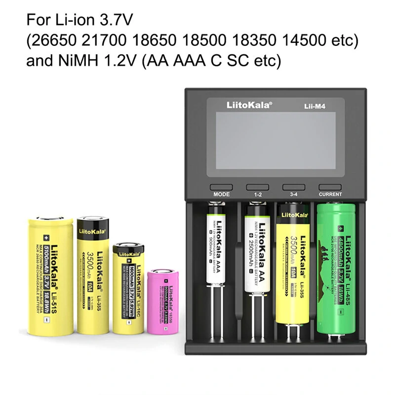 LiitoKala Lii-M4  4slot 5V 2A 18650 Charger LCD Display Universal Smart Charger Test Capacity 26650 18650 21700 AA AAA Battery Charger