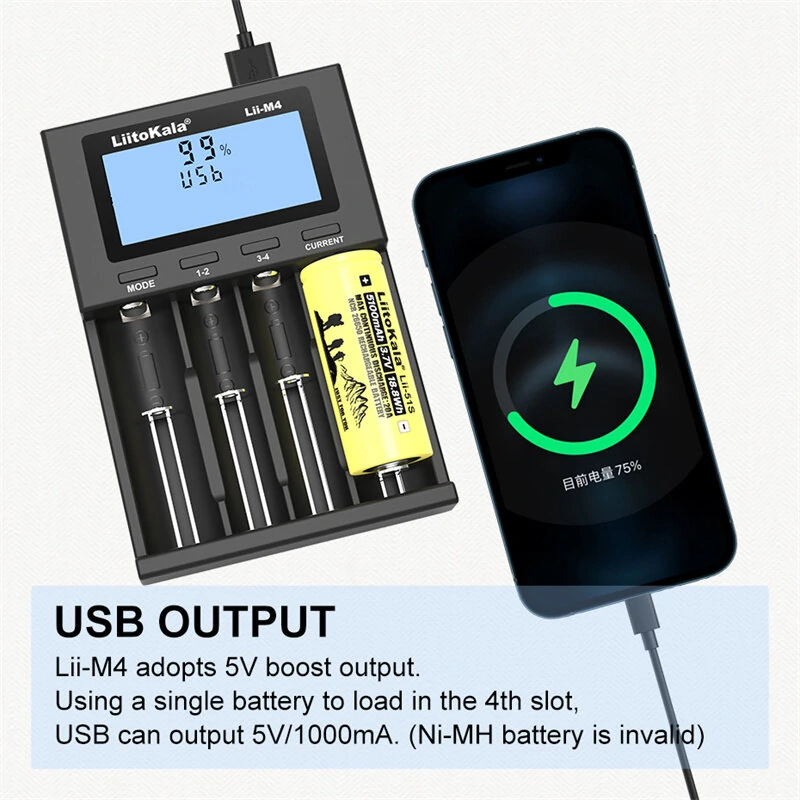 LiitoKala Lii-M4  4slot 5V 2A 18650 Charger LCD Display Universal Smart Charger Test Capacity 26650 18650 21700 AA AAA Battery Charger