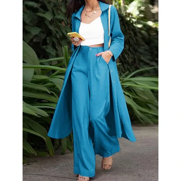 Solid Pocket Button Lapel Long Sleeve Two Pieces Set Women