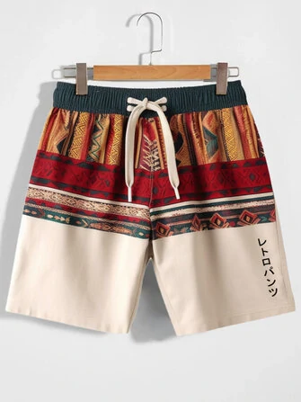 Mens Japanese Geometric Pattern Drawstring Waist Shorts