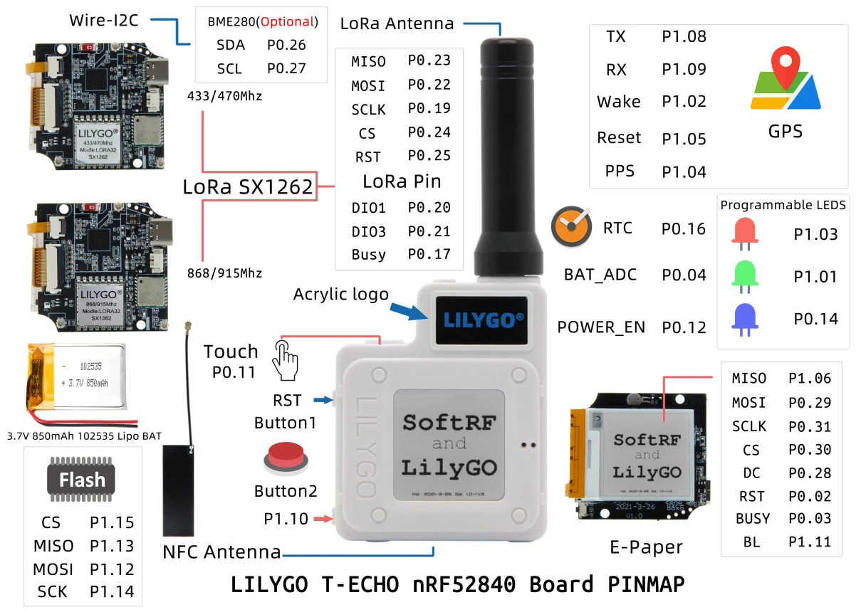 LILYGO® T-Echo SoftRF NRF52840 LoRa SX1262 433/868/915MHz Wireless Module L76K GPS 1.54 E-Paper BME280 Sensor for Arduino