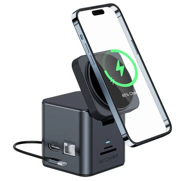 BlitzWolf BW-TH17 9 in 1 Type-C Docking Station Magnetic 15W Wireless Charger Stand USB-C HUB with USB3.0*3 HD 4K@30Hz Gigabit RJ45 SD/TF Card Slot  PD 100W