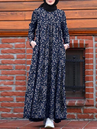 Women Floral Print Tiered Dress O-Neck Casual Maxi Dress With Side Pocket