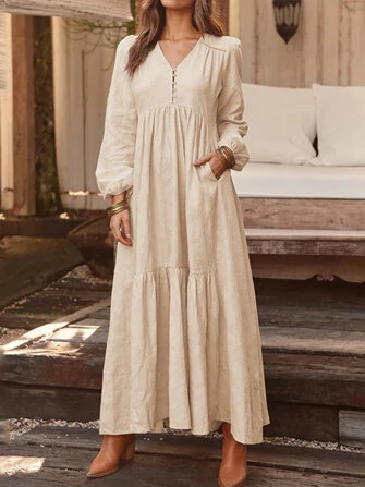 Women Solid Color V-neck Long Sleeve Causal Maxi Dress