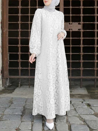 Women 100% Cotton Abaya Kaftan Lace Patchwork Casual Wedding Midi Dress