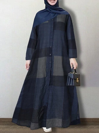 Women Casual Plaid Lapel Long Sleeve Button Vintage Shirt Maxi Dresses With Pocket