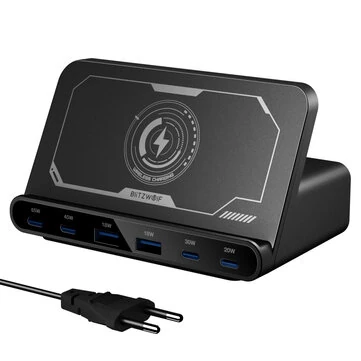 BlitzWolf® BW-S27 160W 6-Port USB PD Desktop Fast Charger 2USB-A+4USB-C PD3.0 QC4.0 AFC FCP SCP PPS PE with 15W 10W 7.5W 5W Wireless Charger Desktop Charging Station EU Plug for iPhone 15 14