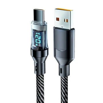 120W USB-A to Type-C Cable with Digital Display Fast Charging Data Transmission Copper Core Line 1M/2M Long for iPhone 15 15 Plus for Huawei Pura 70 Ultra for Xiaomi Civi 4 Pro for Samsung Ga