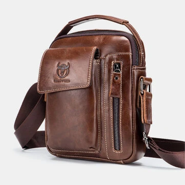 BULLCAPTAIN Genuine Leather Business Messenger Bag Retro Mini Vintage Shoulder Bag Crossbody Bag for Men Multi-functional Leather Mobile Phone Bags