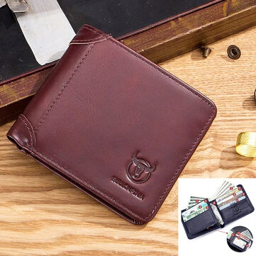 BULLCAPTAIN Large Capacity Genuine Leather Trifold Wallet Mens Credit Card Holder with 14 Card Slots Slim Coin Purse Short Wallet