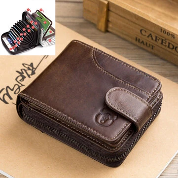 BULLCAPTAIN Genuine Leather Men Zipper Wallets Vintage Short Multi-card Storage Male Card Holder Clip RFID Blocking Wallet Men's Coin Purse