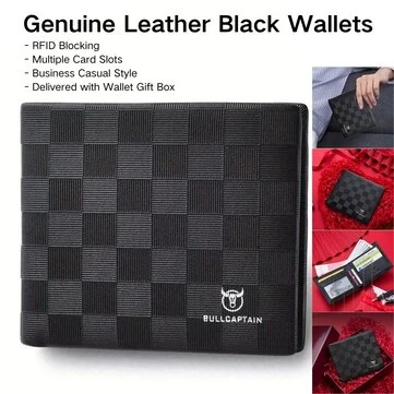 BULLCAPTAIN Black Genuine Leather Men's Wallet Large Capacity Multi-card Folding Purse Credit Card Holder Cow Leather Texture with Gift Box