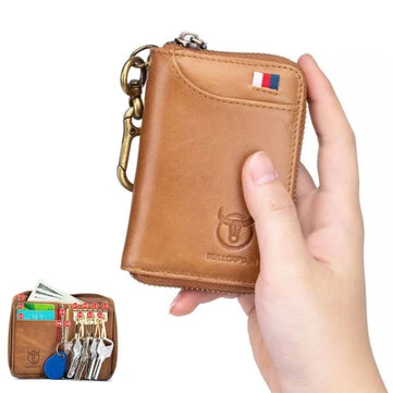 BULLCAPTAIN Genuine Leather Mens Waist-Mounted Wallet Card & Id Holders Multi-function Key Chain Holders Mini Key Bag Coin Purse Wallet Two-In-One with Gift Box