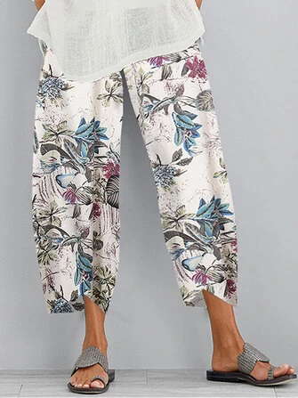 ZANZEA Women Retro Floral Print Pants Elastic Waist Irregular Hem Casual Pants with Pockets Summer Comfy Cropped Trousers