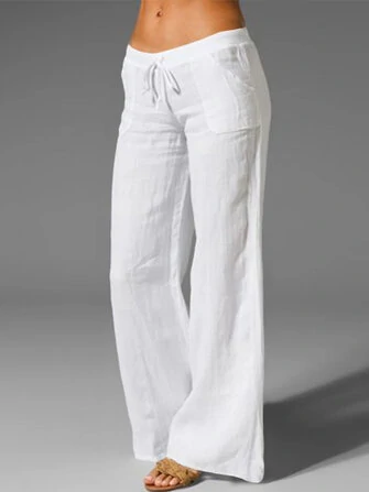 Wide Leg Women Loose Cotton Pure Color Elastic Waist Trousers Pants