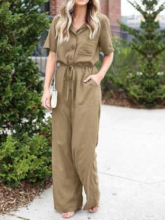 Women Button Front Camp Collar Cargo Style Short Sleeve Jumpsuits With Pocket