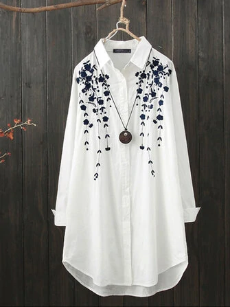 Print Lapel Collar High Low Hem White Long Sleeve Button Casual Shirts For Women