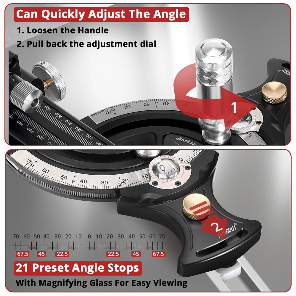 HONGDUI HD-MG21 Precision Miter Gauge For Table Saw With Extended Fence And 0.02mm Micro Adjustable Flip Stop Router Table Precision Angle Setting