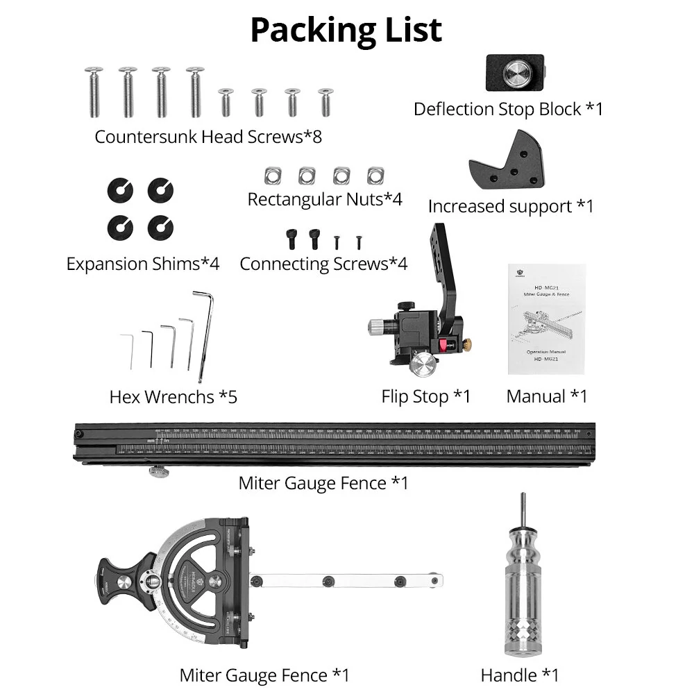 HONGDUI HD-MG21 Precision Miter Gauge For Table Saw With Extended Fence And 0.02mm Micro Adjustable Flip Stop Router Table Precision Angle Setting