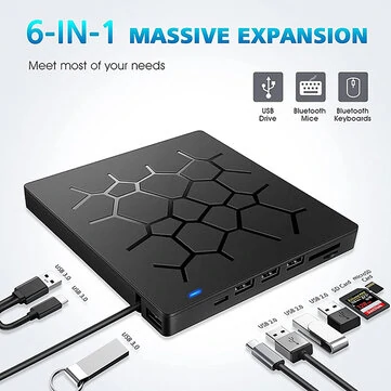 External CD/DVD Drive USB 3.0 Type-C 6 in 1 DVD Drive Player Optical Drive With SD/TF & USB3.0 Slots Optical Drives For PC Laptop