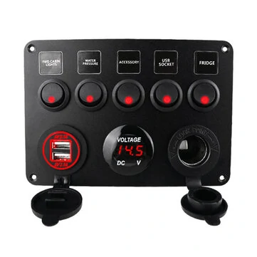 Car Boat Switch Panel Waterproof Digital Voltmeter Dual USB Port 12 Outlet Combination Marine LED Rocker 5 Gang