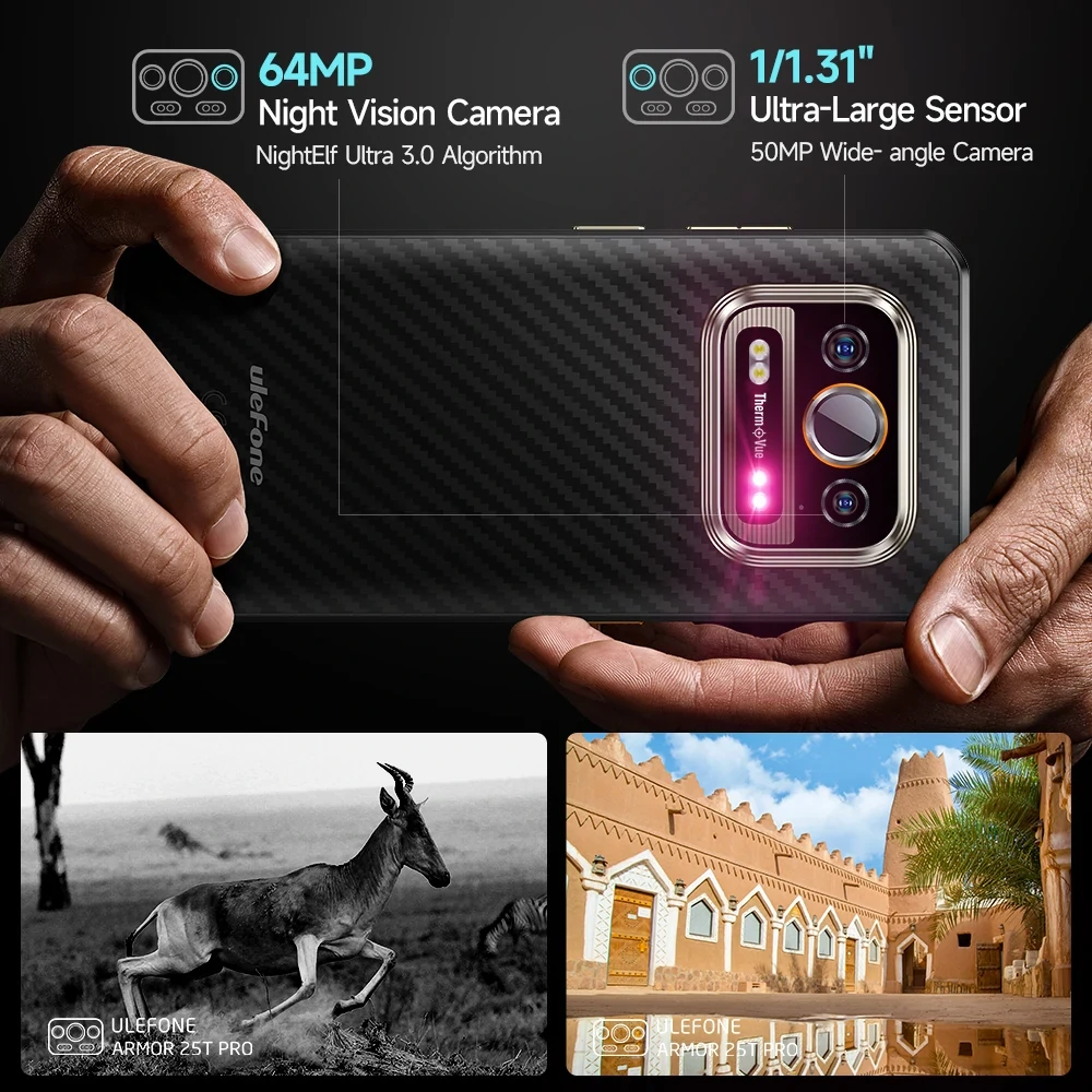 Ulefone Armor 25T Pro 5G Thermal Imaging 12GB 256GB 50MP Dual Camera 64MP Night Vision Dimensity 6300 6.78 inch 120Hz 6500mAh 33W Fast Charge Wireless Charge Android 14 NFC IP68 IP69K Waterproof Rugged Smartphone