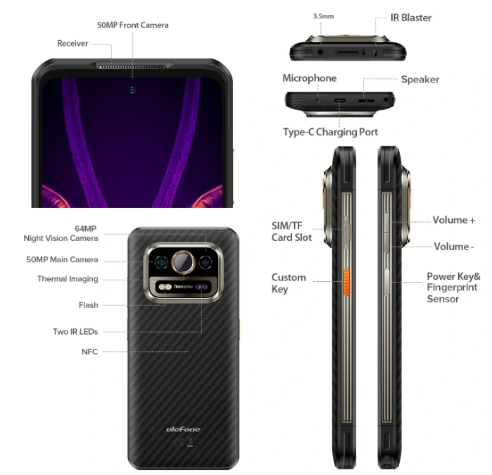 Ulefone Armor 25T Pro 5G Thermal Imaging 12GB 256GB 50MP Dual Camera 64MP Night Vision Dimensity 6300 6.78 inch 120Hz 6500mAh 33W Fast Charge Wireless Charge Android 14 NFC IP68 IP69K Waterproof Rugged Smartphone