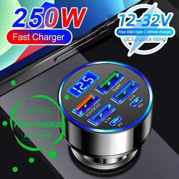 250W PD Car Charger QC3.0 Fast Charge with Digital Display Plug Car Charger Socket Flash Charge Digital Display Car Charger