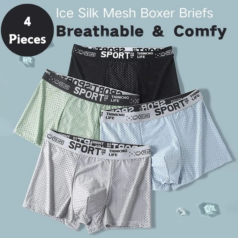 4pcs Men's Ice Silk Cool Boxer Briefs, Mesh Breathable Soft Comfy Stretchy Boxer Trunks, Sports Trunks, Multicolor Men's Underwear