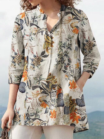 Women 100% Cotton V-Neck Floral Top Vintage Button Cuffs Three Quarter Sleeve Shirt